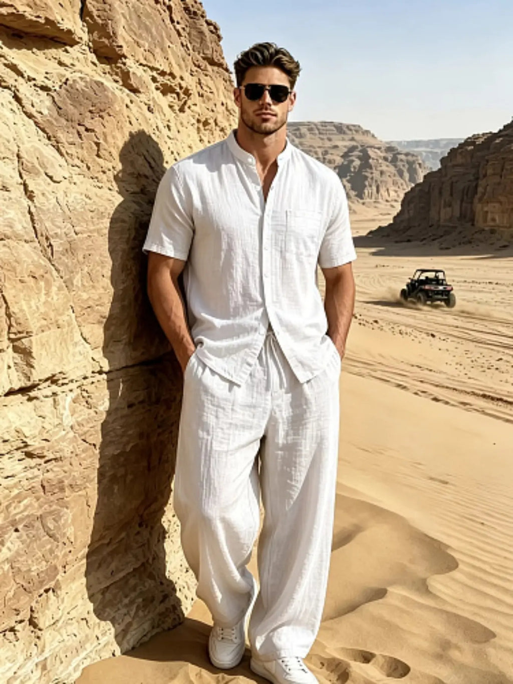 Men's Casual Summer Linen Two-Piece Set - Short Sleeve Stand Collar Shirt & Drawstring Pants for Beach Vacations
