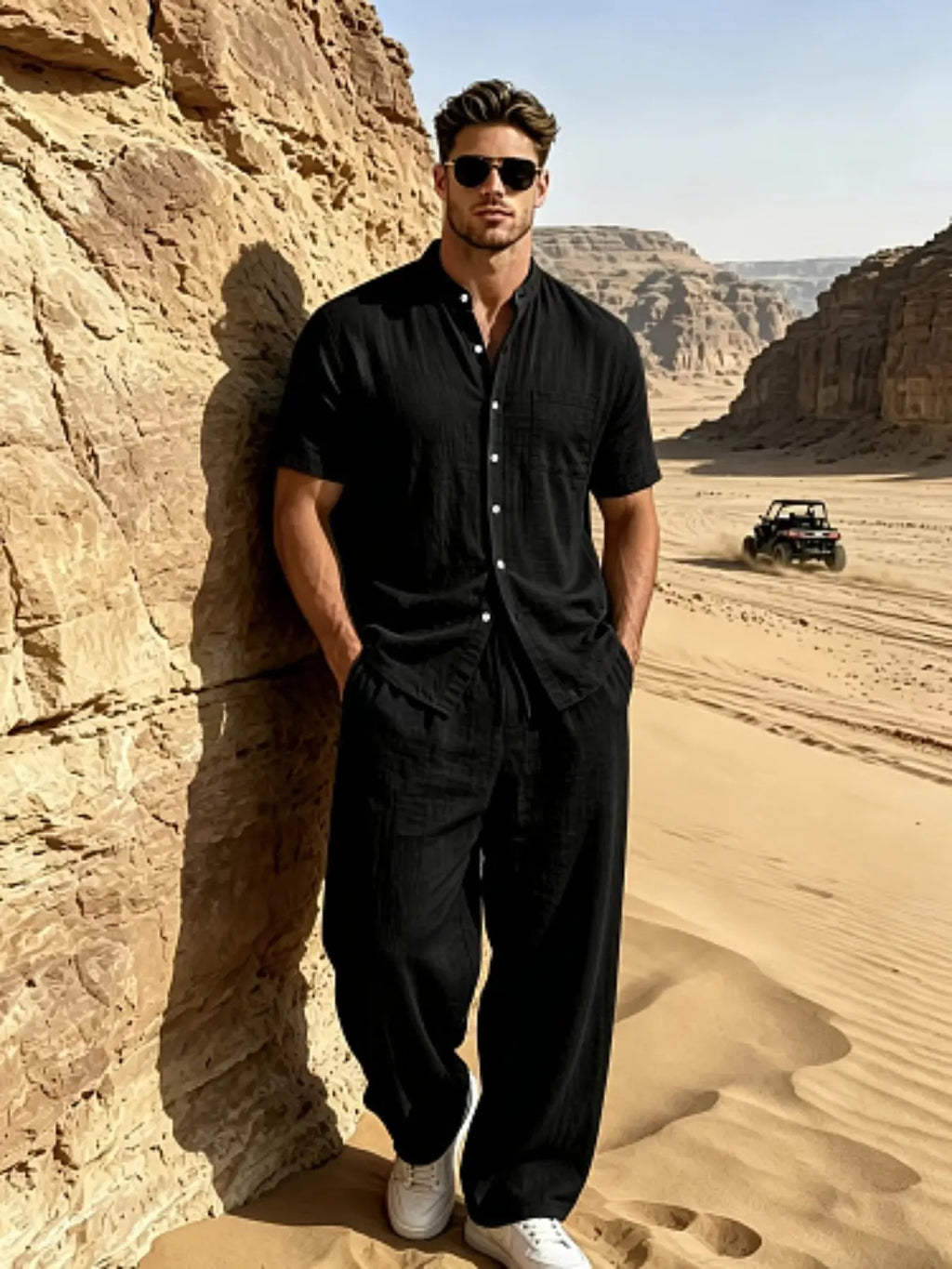Men's Casual Summer Linen Two-Piece Set - Short Sleeve Stand Collar Shirt & Drawstring Pants for Beach Vacations