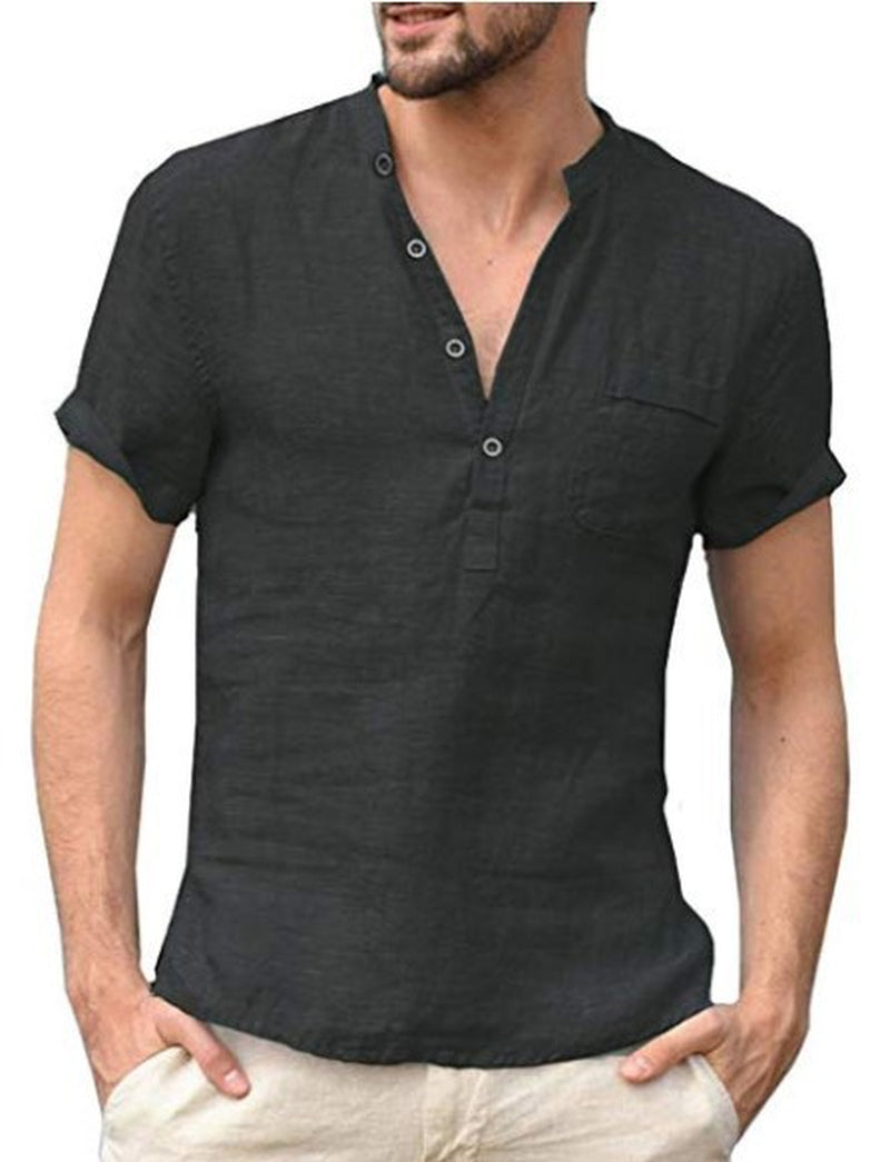 Casual Linen Solid Color Shirt Button V Neck