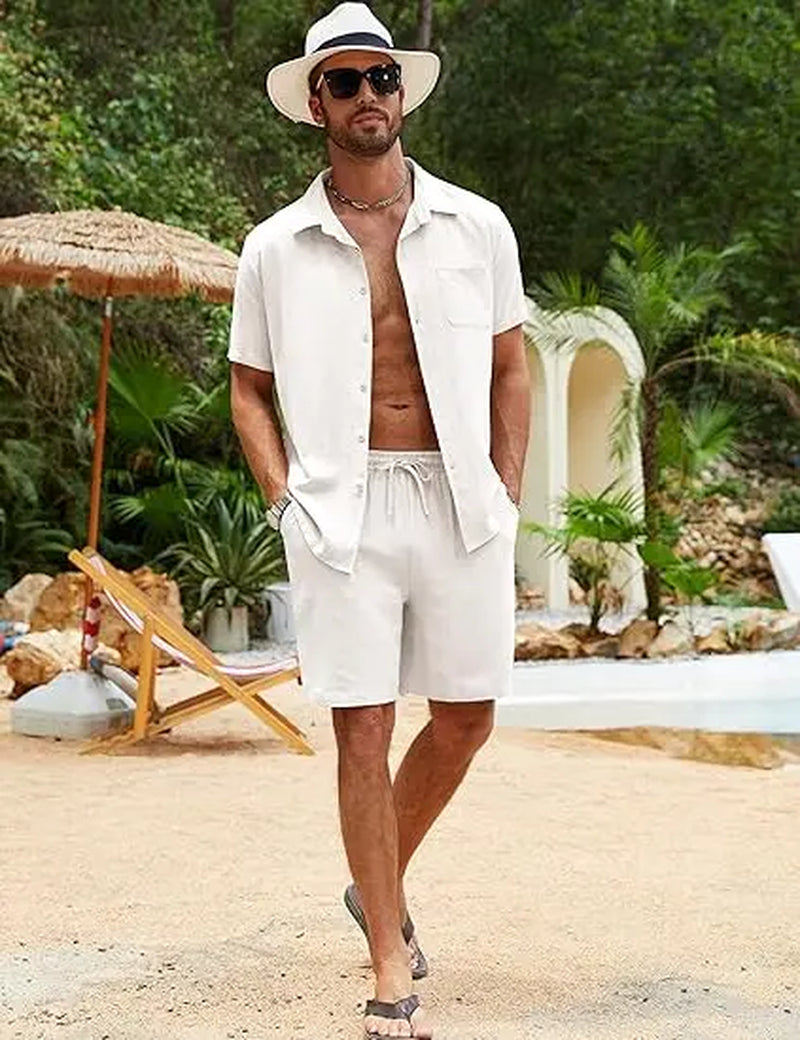 Men's Summer Cotton Linen 2-Piece Shirt and Shorts Set - Perfect Beach and Vacation Outfit for Ultimate Comfort