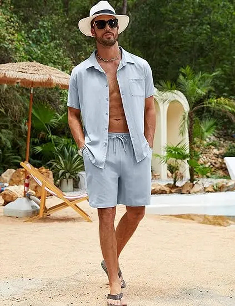 Men's Summer Cotton Linen 2-Piece Shirt and Shorts Set - Perfect Beach and Vacation Outfit for Ultimate Comfort