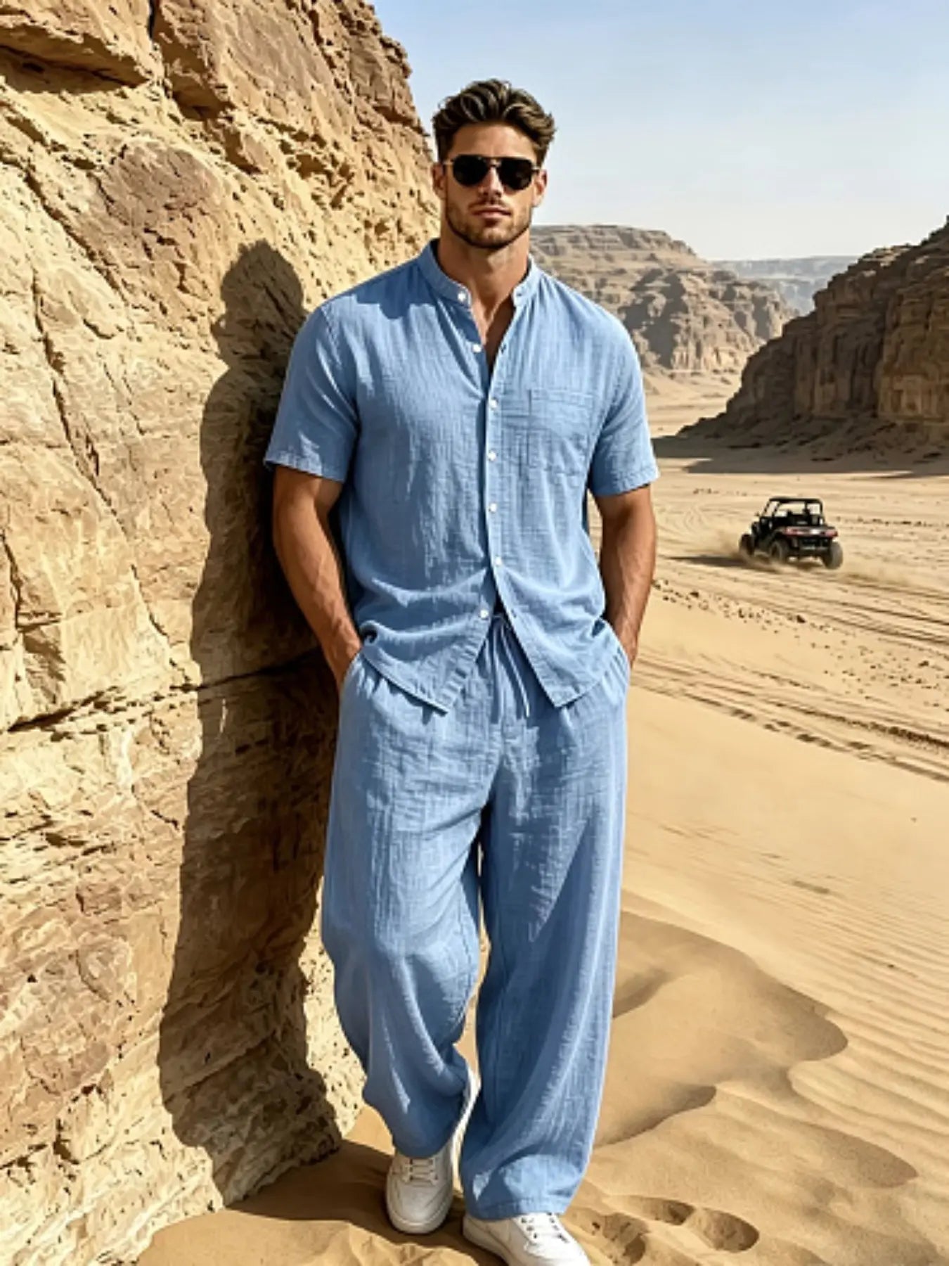 Men's Casual Summer Linen Two-Piece Set - Short Sleeve Stand Collar Shirt & Drawstring Pants for Beach Vacations