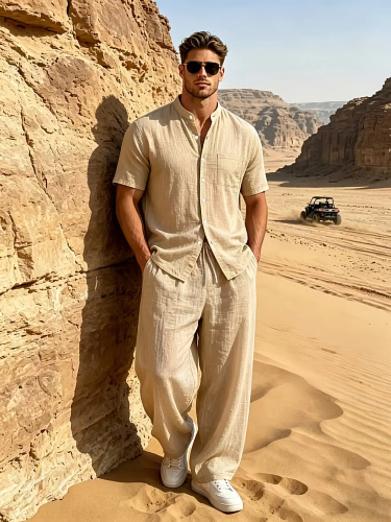Men's Casual Summer Linen Two-Piece Set - Short Sleeve Stand Collar Shirt & Drawstring Pants for Beach Vacations