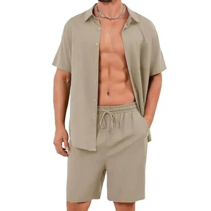 Men's Summer Cotton Linen 2-Piece Shirt and Shorts Set - Perfect Beach and Vacation Outfit for Ultimate Comfort
