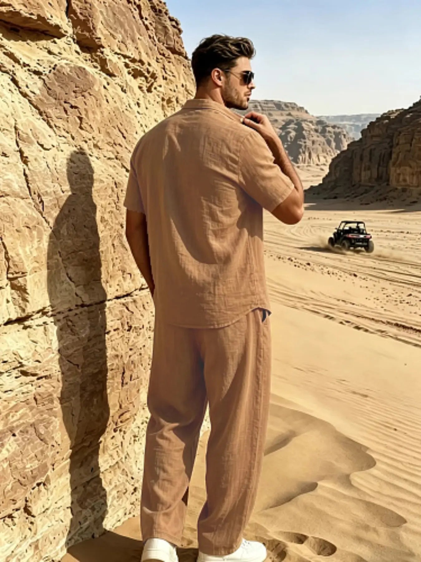 Men's Casual Summer Linen Two-Piece Set - Short Sleeve Stand Collar Shirt & Drawstring Pants for Beach Vacations