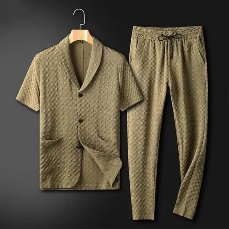 Stylish Men's Casual 2-Piece Summer Set - Short Sleeve Collared Shirt & Solid Trousers for Beach Days
