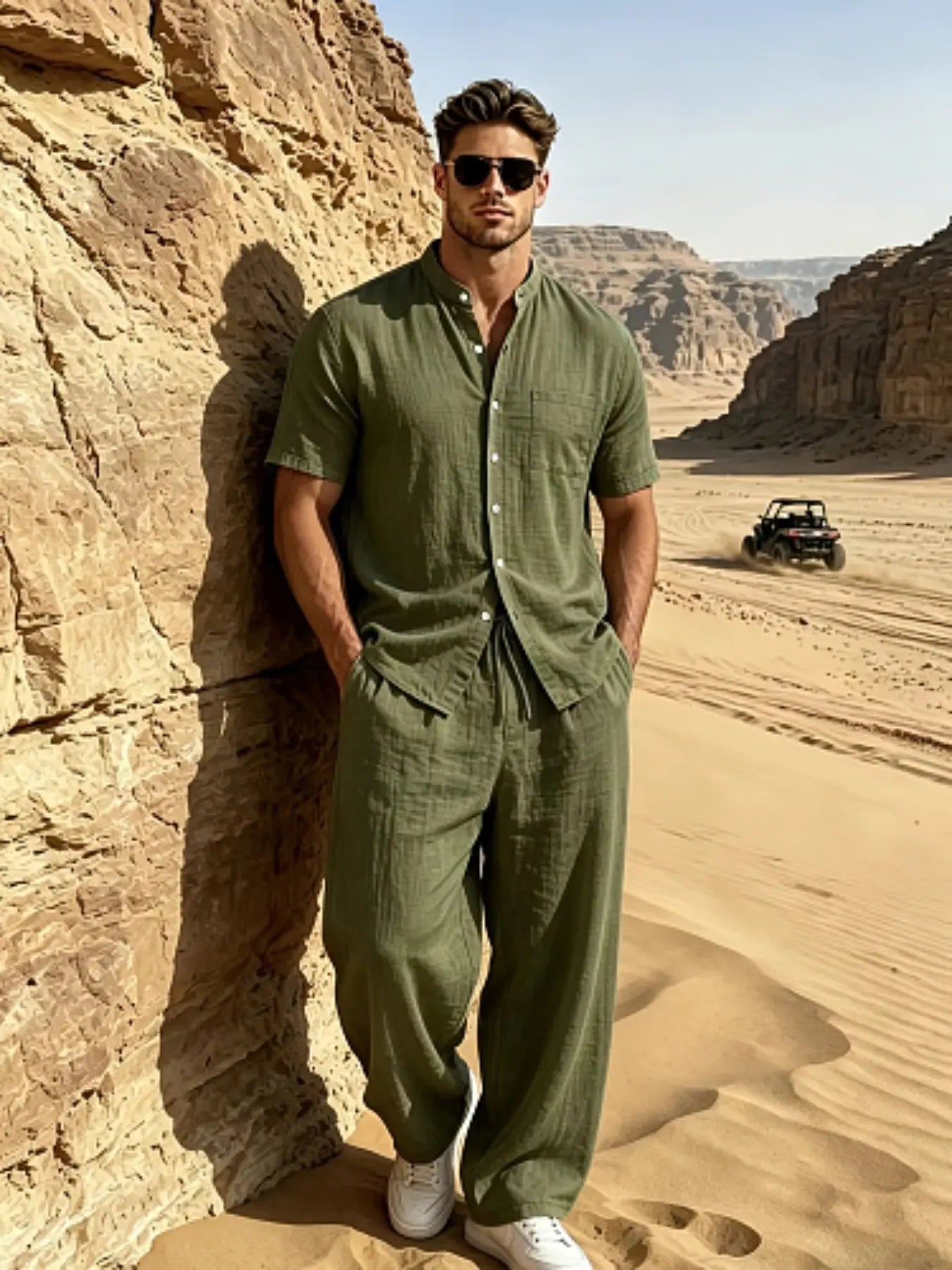 Men's Casual Summer Linen Two-Piece Set - Short Sleeve Stand Collar Shirt & Drawstring Pants for Beach Vacations