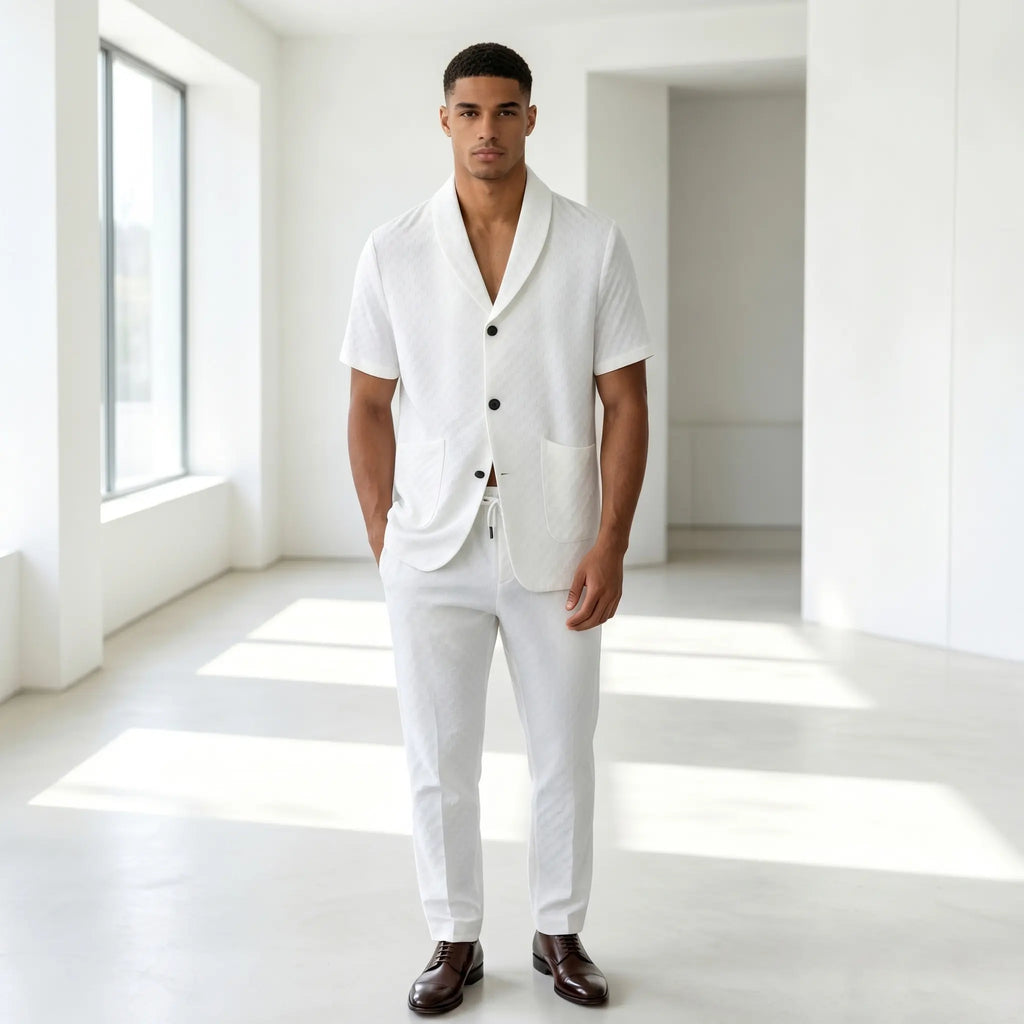 Stylish Men's Casual 2-Piece Summer Set - Short Sleeve Collared Shirt & Solid Trousers for Beach Days