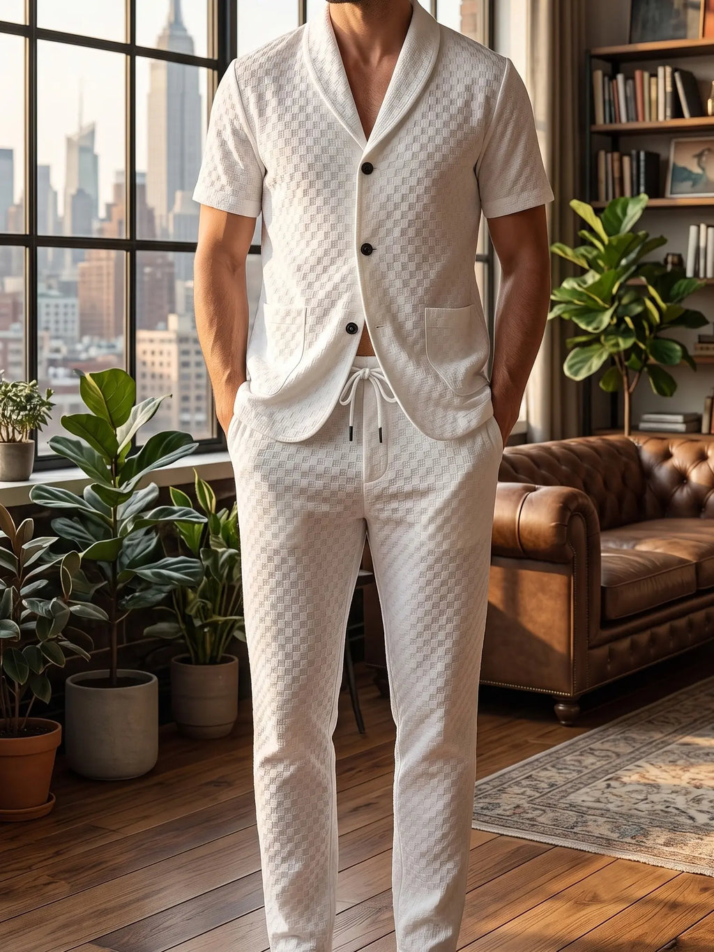 Stylish Men's Casual 2-Piece Summer Set - Short Sleeve Collared Shirt & Solid Trousers for Beach Days