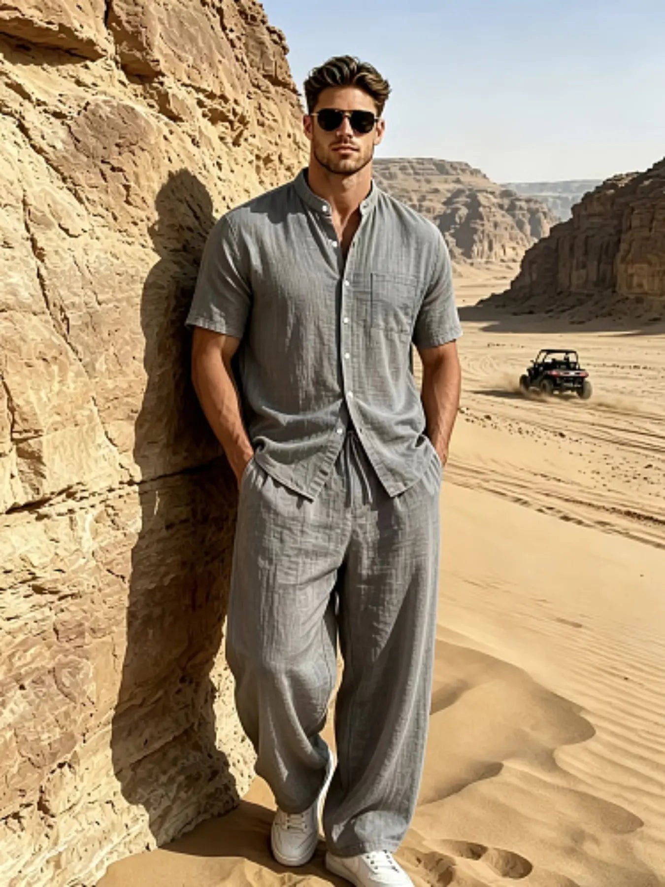 Men's Casual Summer Linen Two-Piece Set - Short Sleeve Stand Collar Shirt & Drawstring Pants for Beach Vacations
