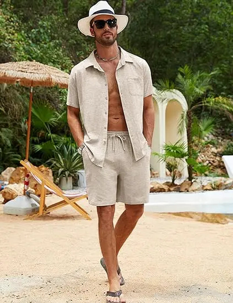 Men's Summer Cotton Linen 2-Piece Shirt and Shorts Set - Perfect Beach and Vacation Outfit for Ultimate Comfort