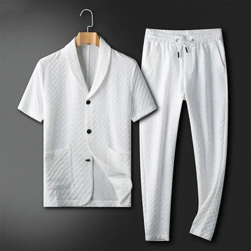 Stylish Men's Casual 2-Piece Summer Set - Short Sleeve Collared Shirt & Solid Trousers for Beach Days