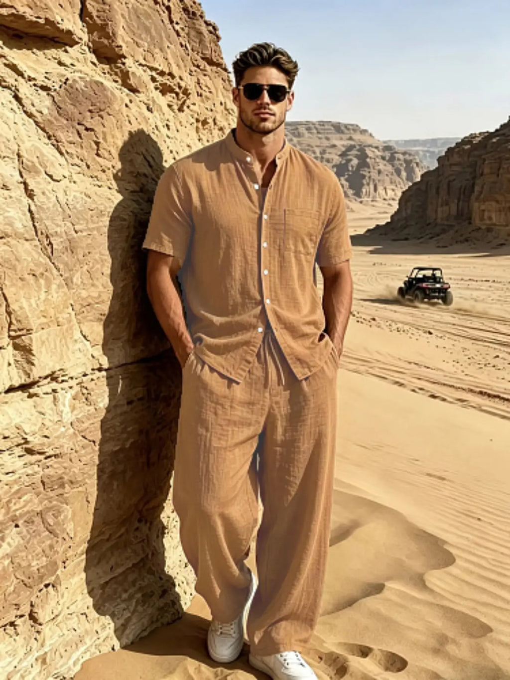 Men's Casual Summer Linen Two-Piece Set - Short Sleeve Stand Collar Shirt & Drawstring Pants for Beach Vacations