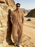 Men's Casual Summer Linen Two-Piece Set - Short Sleeve Stand Collar Shirt & Drawstring Pants for Beach Vacations