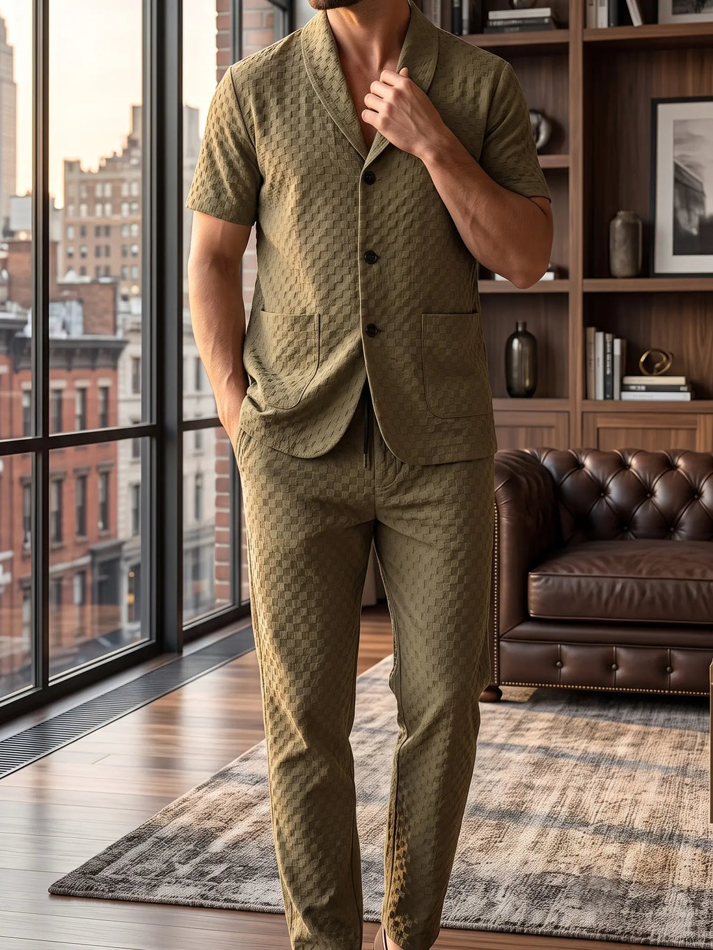 Stylish Men's Casual 2-Piece Summer Set - Short Sleeve Collared Shirt & Solid Trousers for Beach Days