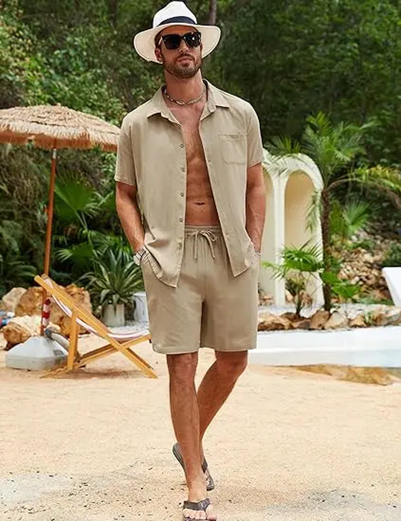 Men's Summer Cotton Linen 2-Piece Shirt and Shorts Set - Perfect Beach and Vacation Outfit for Ultimate Comfort