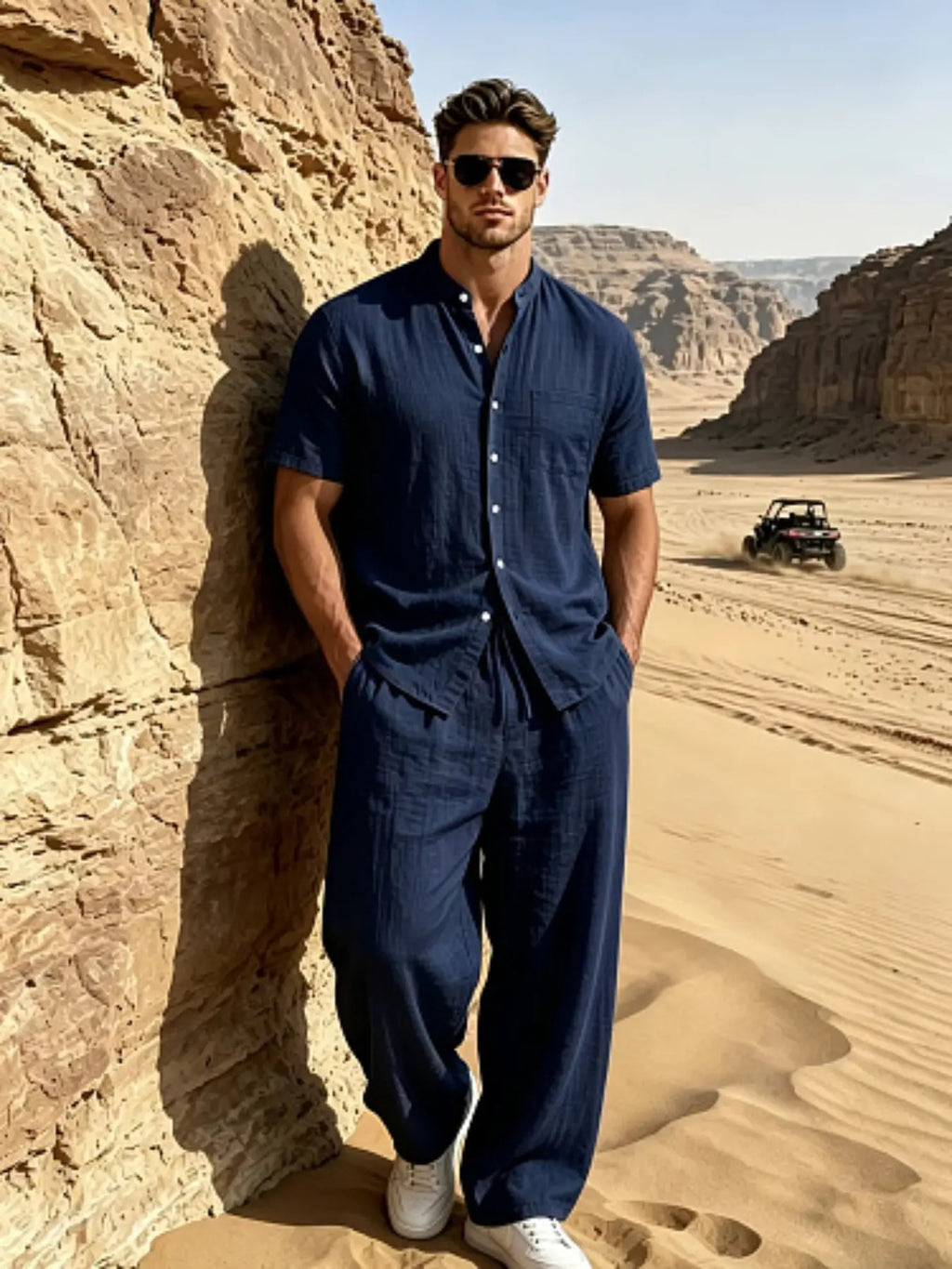 Men's Casual Summer Linen Two-Piece Set - Short Sleeve Stand Collar Shirt & Drawstring Pants for Beach Vacations
